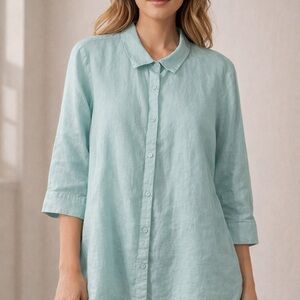 Coldwater Creek Light Aqua Linen Button-Down Shirt